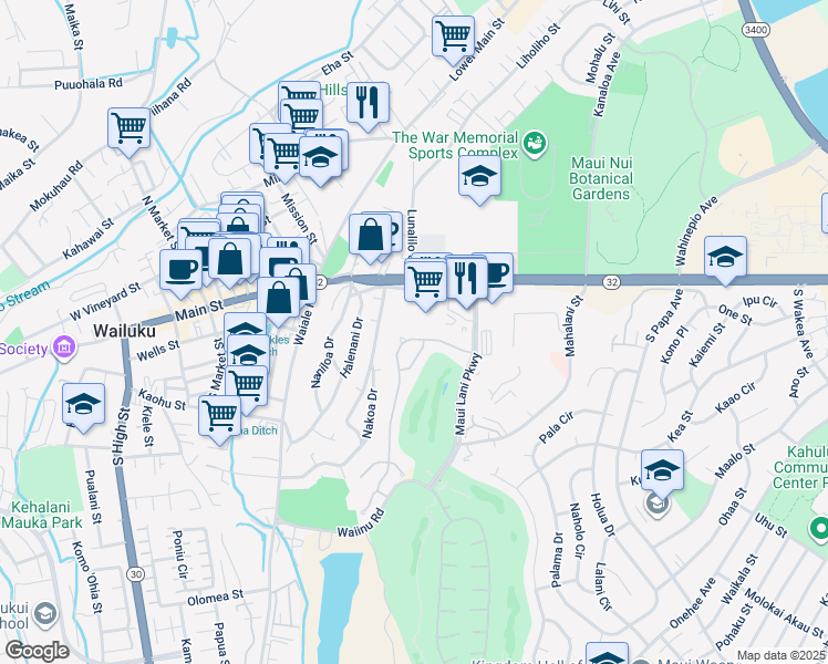 map of restaurants, bars, coffee shops, grocery stores, and more near 56 Keoneloa Street in Wailuku