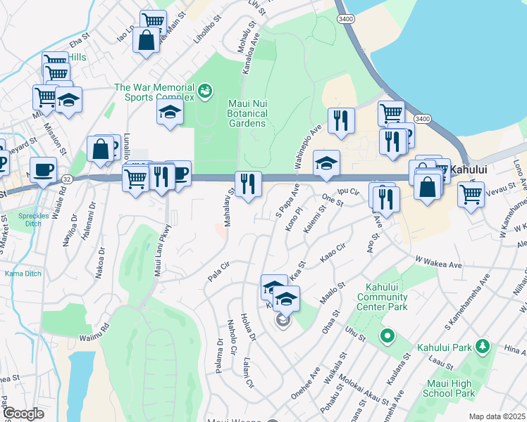 map of restaurants, bars, coffee shops, grocery stores, and more near 100 Mahalani Street in Wailuku