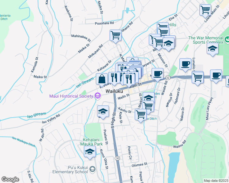 map of restaurants, bars, coffee shops, grocery stores, and more near 0 South High Street in Wailuku