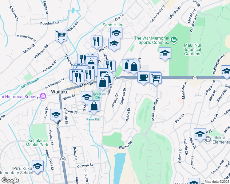 map of restaurants, bars, coffee shops, grocery stores, and more near 125 Naniloa Drive in Wailuku