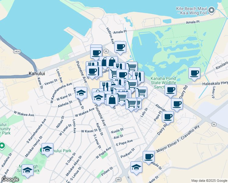 map of restaurants, bars, coffee shops, grocery stores, and more near 150 Paahana Street in Kahului