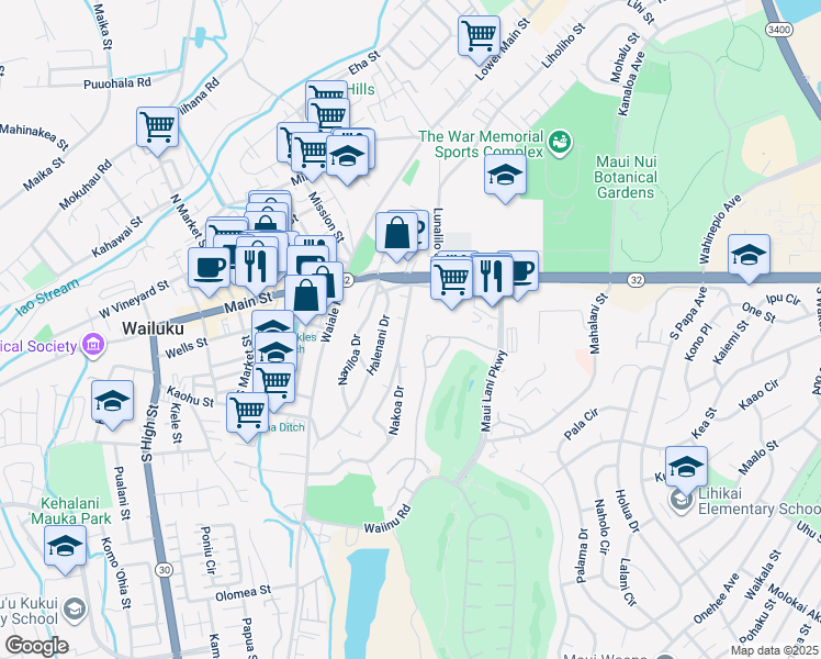map of restaurants, bars, coffee shops, grocery stores, and more near 54 Nakoa Drive in Wailuku