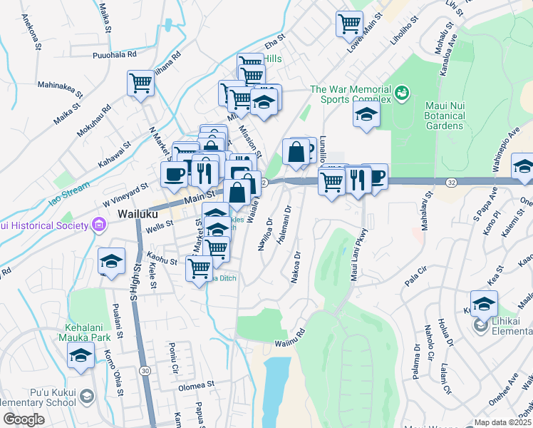 map of restaurants, bars, coffee shops, grocery stores, and more near 125 Naniloa Drive in Wailuku