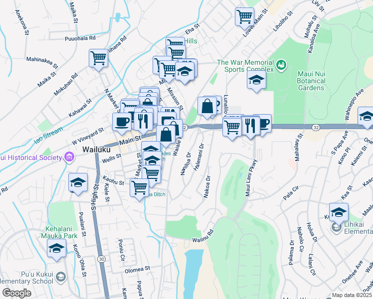 map of restaurants, bars, coffee shops, grocery stores, and more near 125 Naniloa Drive in Wailuku