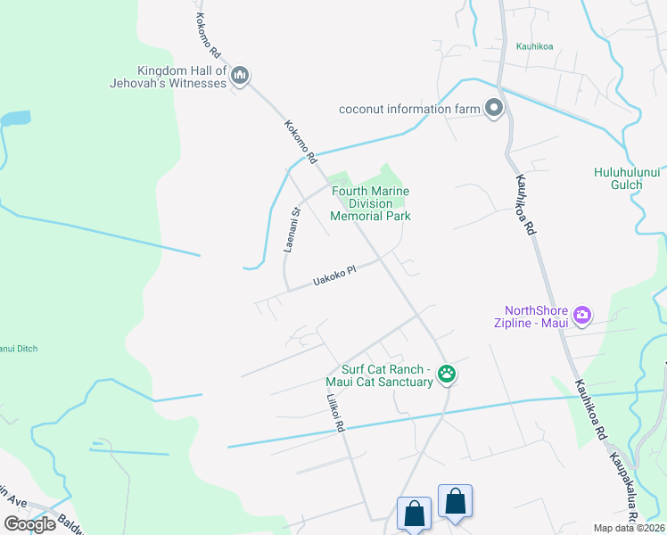 map of restaurants, bars, coffee shops, grocery stores, and more near 76 Lokelau Place in Haiku-Pauwela