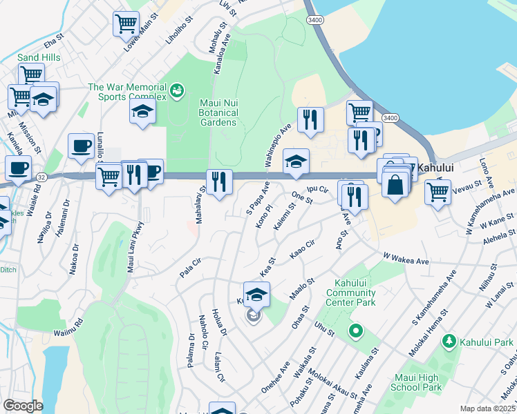 map of restaurants, bars, coffee shops, grocery stores, and more near 67 South Papa Avenue in Kahului
