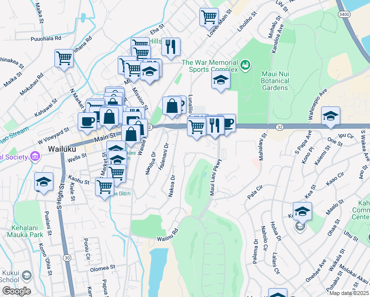 map of restaurants, bars, coffee shops, grocery stores, and more near 68 Keoneloa Street in Wailuku