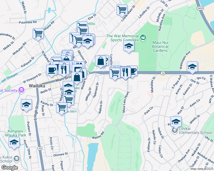 map of restaurants, bars, coffee shops, grocery stores, and more near 68 Keoneloa Street in Wailuku