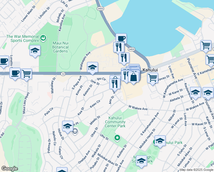 map of restaurants, bars, coffee shops, grocery stores, and more near 412 One Street in Kahului