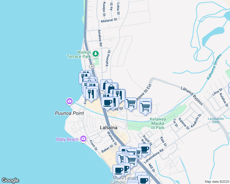 map of restaurants, bars, coffee shops, grocery stores, and more near 134 Ipukula Way in Lahaina