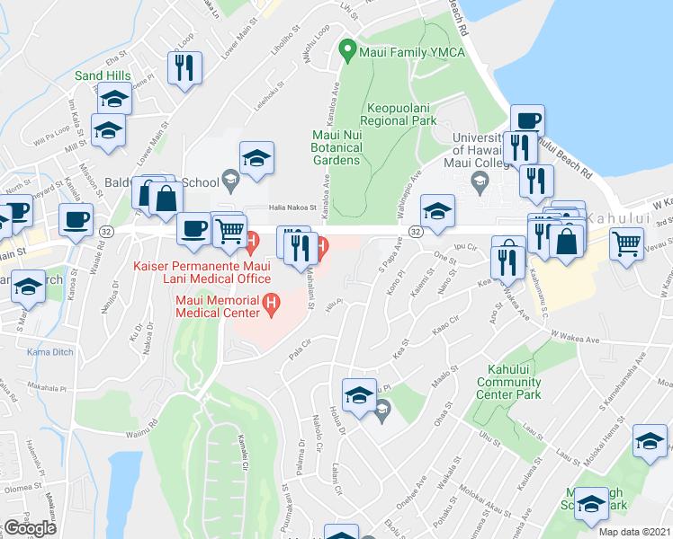 map of restaurants, bars, coffee shops, grocery stores, and more near 100 Mahalani Street in Wailuku