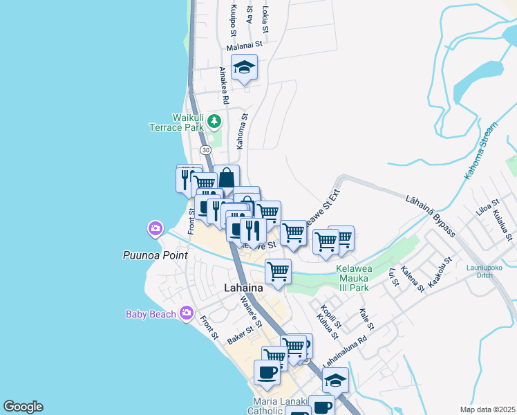 map of restaurants, bars, coffee shops, grocery stores, and more near 134 Ipukula Way in Lahaina