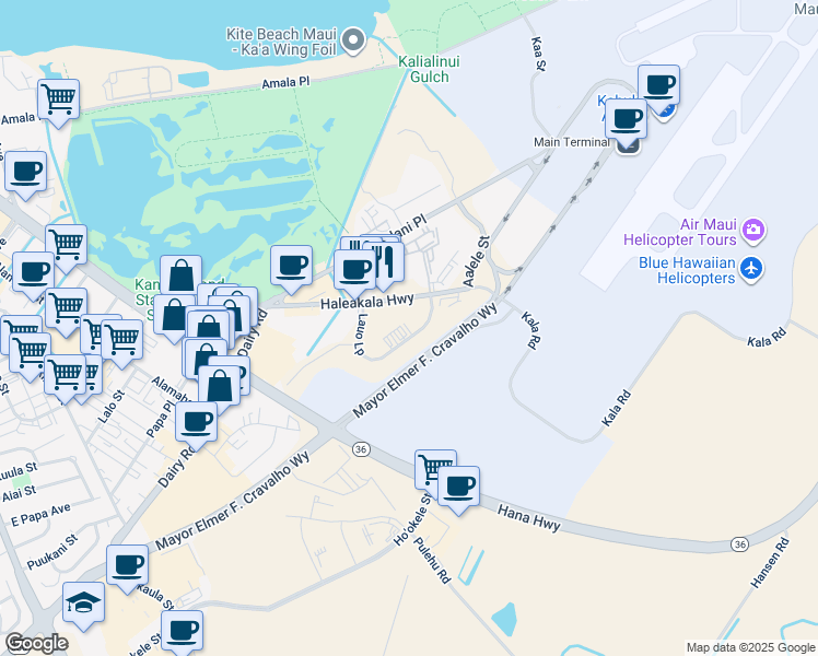 map of restaurants, bars, coffee shops, grocery stores, and more near 211 Lauo Loop in Kahului