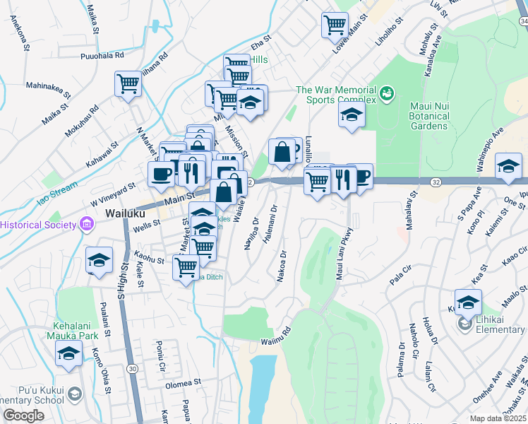 map of restaurants, bars, coffee shops, grocery stores, and more near 108 Naniloa Drive in Wailuku