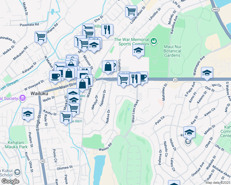 map of restaurants, bars, coffee shops, grocery stores, and more near 68 Keoneloa Street in Wailuku