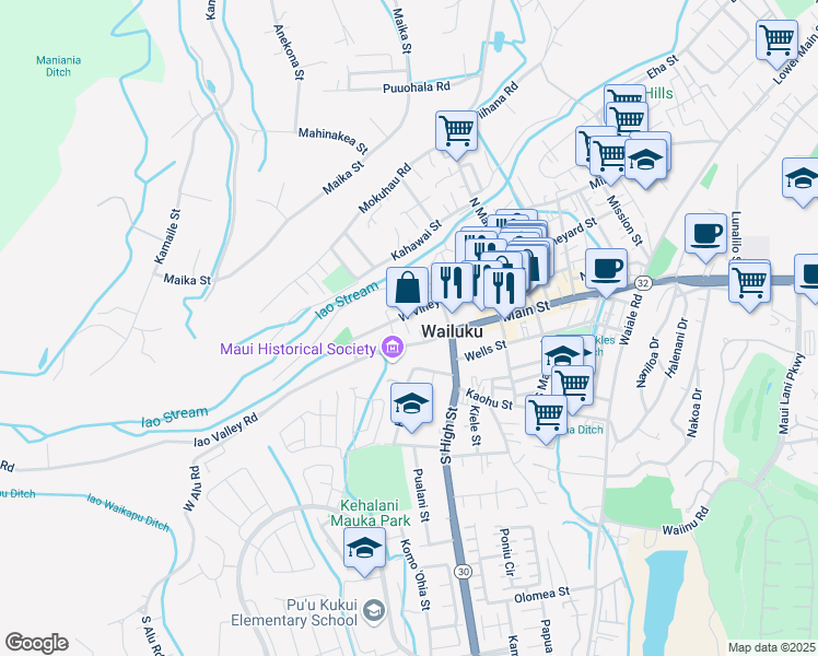 map of restaurants, bars, coffee shops, grocery stores, and more near 56 Moani Place in Wailuku
