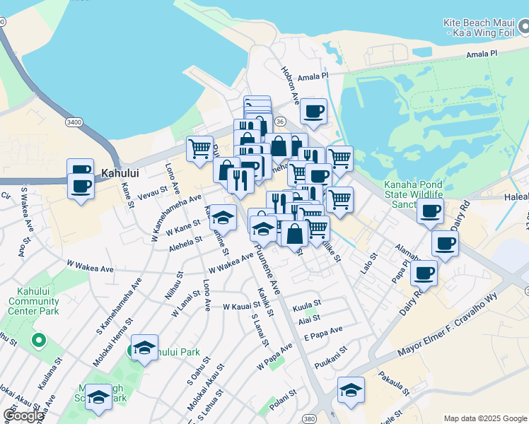 map of restaurants, bars, coffee shops, grocery stores, and more near 203 Hoohana Street in Kahului