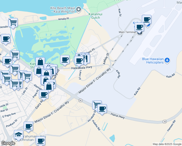 map of restaurants, bars, coffee shops, grocery stores, and more near 211 Lauo Loop in Kahului