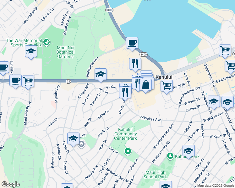map of restaurants, bars, coffee shops, grocery stores, and more near 51 South Wakea Avenue in Kahului