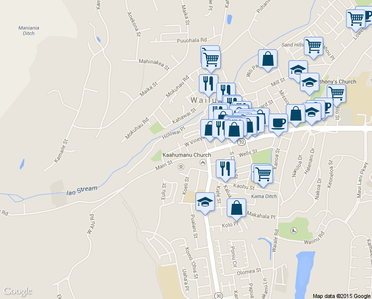 map of restaurants, bars, coffee shops, grocery stores, and more near 67 Moani Place in Wailuku
