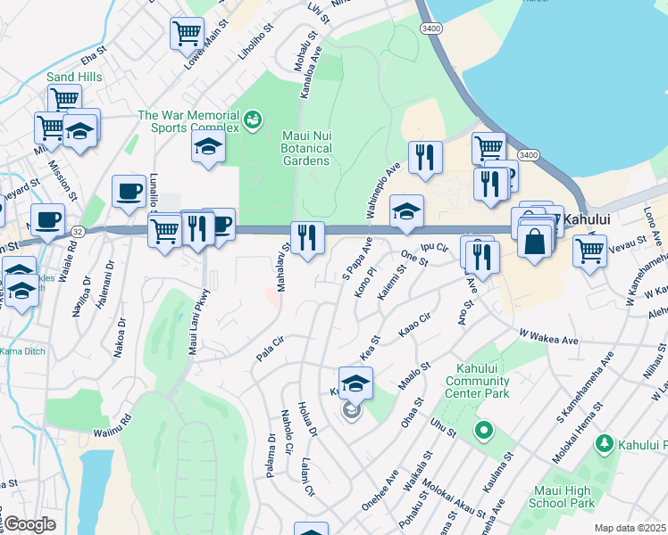 map of restaurants, bars, coffee shops, grocery stores, and more near 60 Kunihi Lane in Kahului