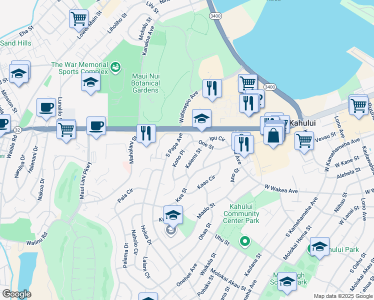 map of restaurants, bars, coffee shops, grocery stores, and more near 51 Kono Place in Kahului