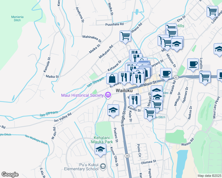 map of restaurants, bars, coffee shops, grocery stores, and more near 67 Moani Place in Wailuku
