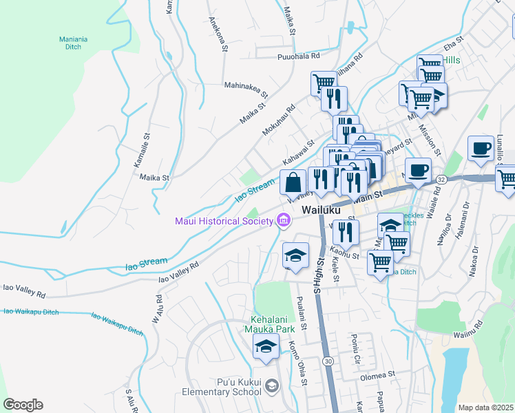 map of restaurants, bars, coffee shops, grocery stores, and more near 2486 West Vineyard Street in Wailuku