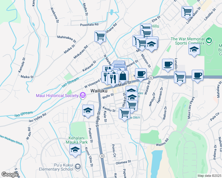 map of restaurants, bars, coffee shops, grocery stores, and more near 2065 Main Street in Wailuku