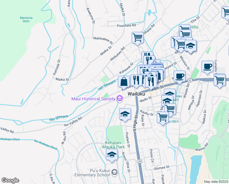 map of restaurants, bars, coffee shops, grocery stores, and more near 2402 West Vineyard Street in Wailuku