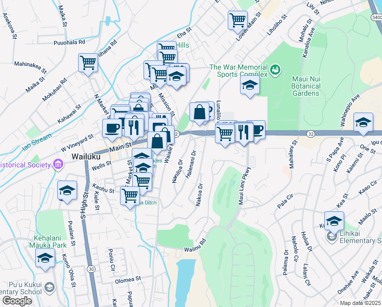 map of restaurants, bars, coffee shops, grocery stores, and more near 131 Halenani Drive in Wailuku
