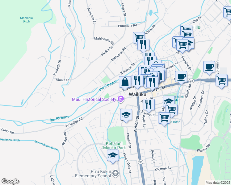map of restaurants, bars, coffee shops, grocery stores, and more near 2402 West Vineyard Street in Wailuku