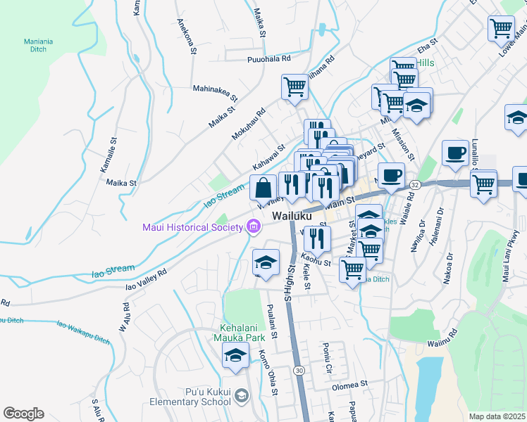 map of restaurants, bars, coffee shops, grocery stores, and more near 70 Moani Place in Wailuku