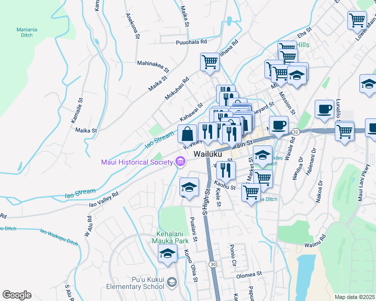map of restaurants, bars, coffee shops, grocery stores, and more near 70 Moani Place in Wailuku