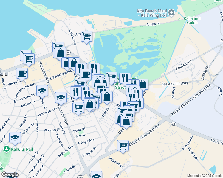 map of restaurants, bars, coffee shops, grocery stores, and more near 365 Hanakai Street in Kahului