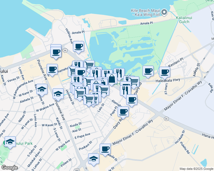 map of restaurants, bars, coffee shops, grocery stores, and more near 365 Hanakai Street in Kahului