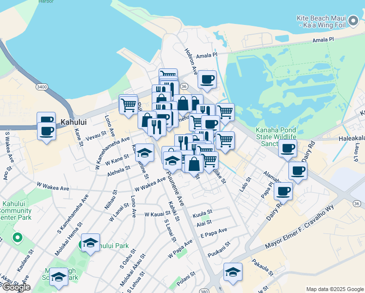 map of restaurants, bars, coffee shops, grocery stores, and more near 203 Hoohana Street in Kahului