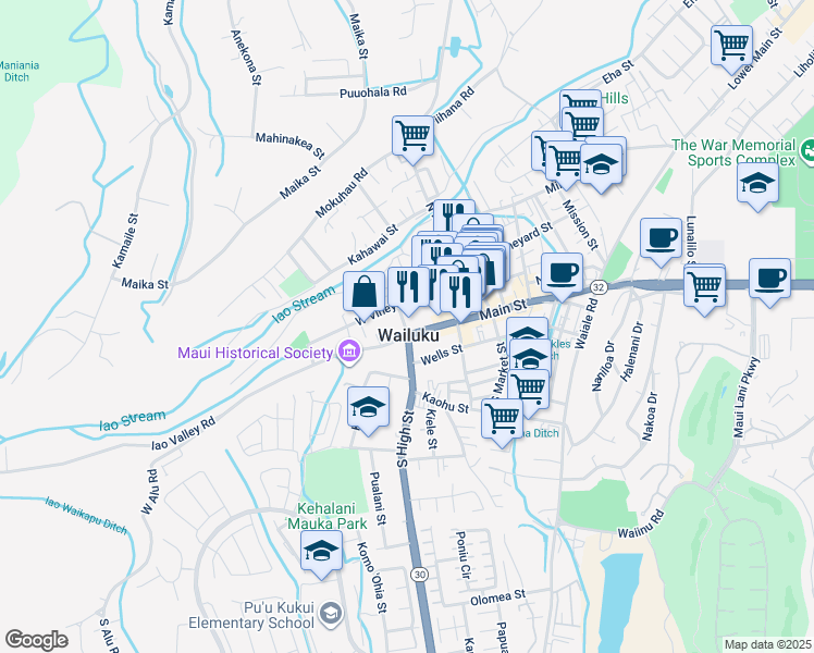 map of restaurants, bars, coffee shops, grocery stores, and more near in Wailuku