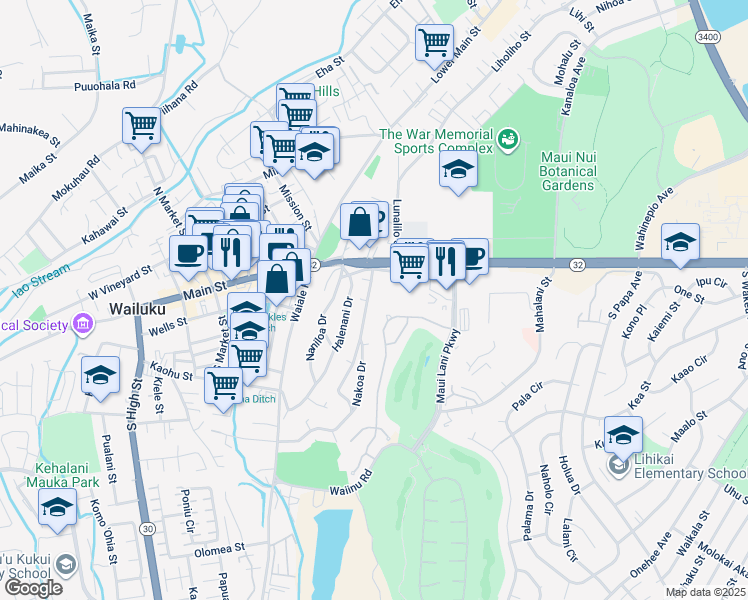 map of restaurants, bars, coffee shops, grocery stores, and more near 42 Nakoa Drive in Wailuku