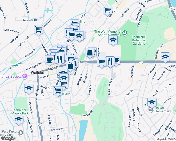 map of restaurants, bars, coffee shops, grocery stores, and more near 116 Halenani Drive in Wailuku