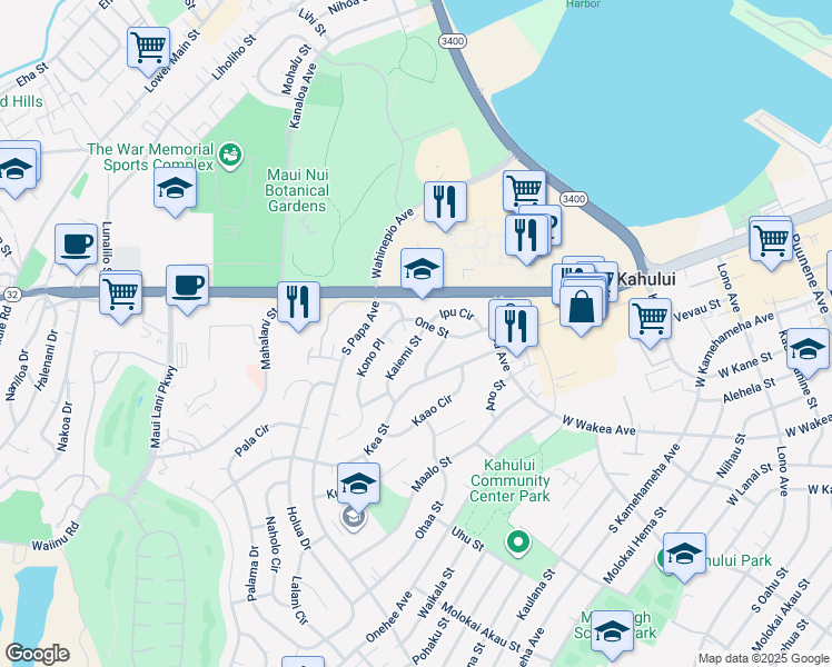 map of restaurants, bars, coffee shops, grocery stores, and more near 42 Kaiemi Street in Kahului