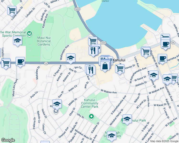 map of restaurants, bars, coffee shops, grocery stores, and more near 51 South Wakea Avenue in Kahului