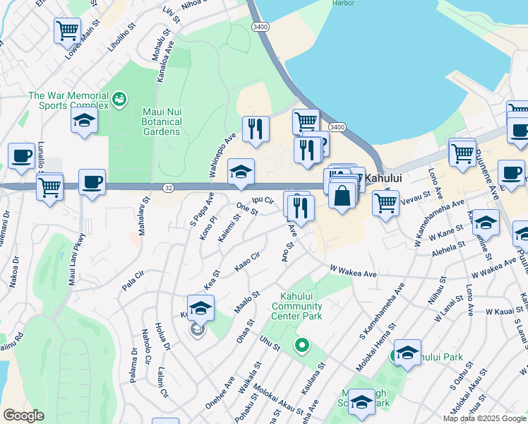 map of restaurants, bars, coffee shops, grocery stores, and more near 412 One Street in Kahului
