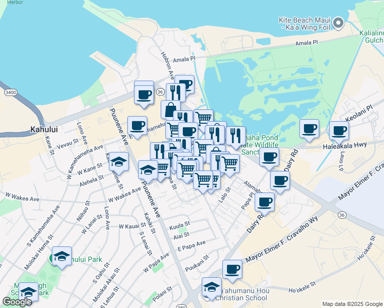 map of restaurants, bars, coffee shops, grocery stores, and more near 210 Alamaha Street in Kahului