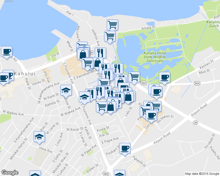 map of restaurants, bars, coffee shops, grocery stores, and more near 210 Alamaha Street in Kahului