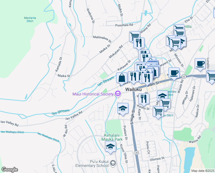 map of restaurants, bars, coffee shops, grocery stores, and more near 2486 West Vineyard Street in Wailuku
