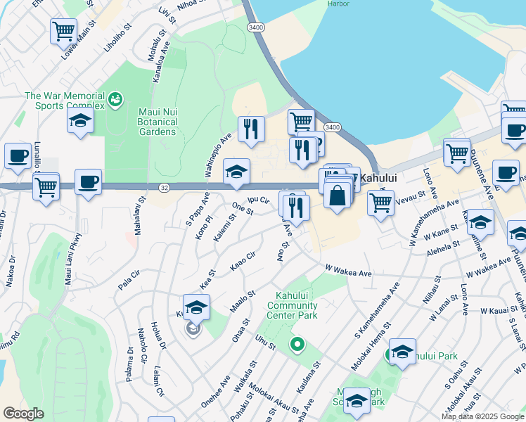 map of restaurants, bars, coffee shops, grocery stores, and more near 412 One Street in Kahului