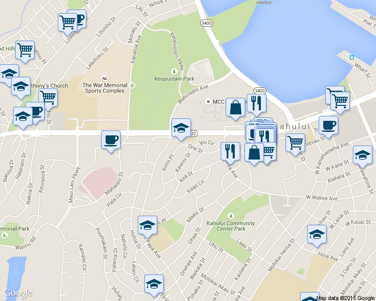 map of restaurants, bars, coffee shops, grocery stores, and more near 42 Kaiemi Street in Kahului
