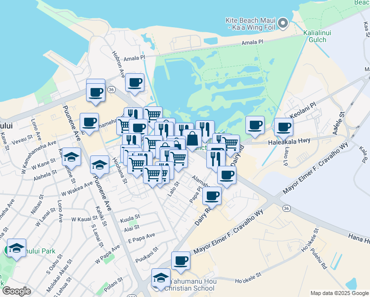 map of restaurants, bars, coffee shops, grocery stores, and more near 320 Hana Highway in Kahului