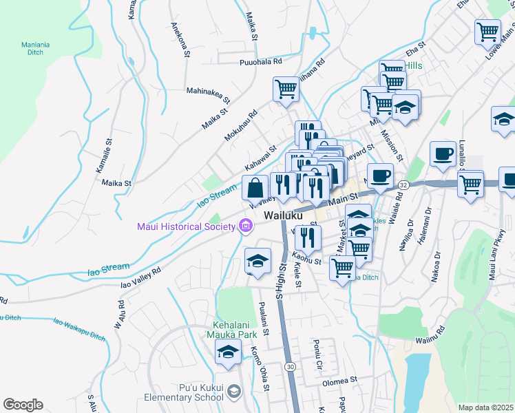 map of restaurants, bars, coffee shops, grocery stores, and more near 2301 West Vineyard Street in Wailuku